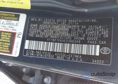 2014 Toyota Camry L/Se/Le/Xle из США, поврежденный, VIN 4T1BF1FK4EU366349